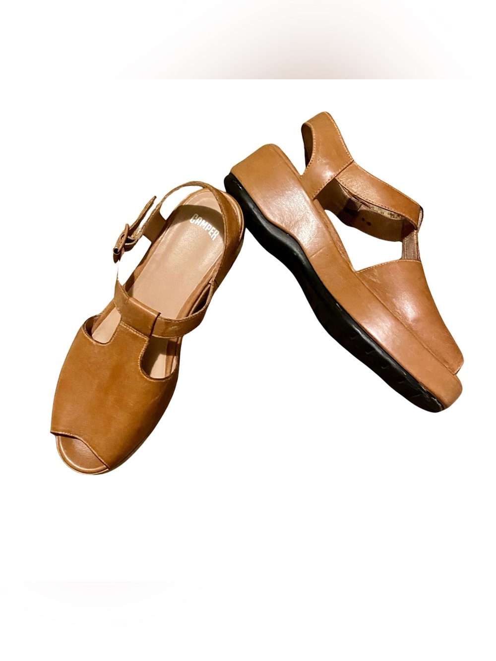 Camper Misia brown t-strap mid height platform comfort sandals 8.5